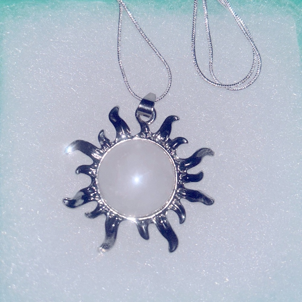 Boho hippie Quartz Crystal Sun Sterling Silver Necklace 30”